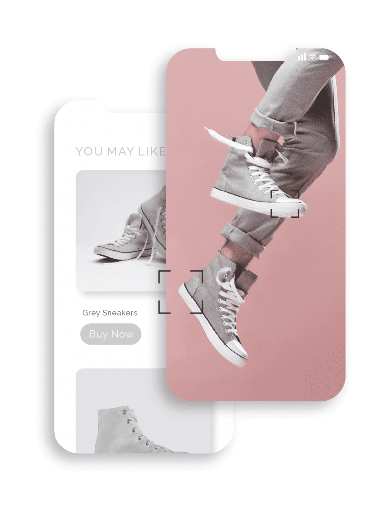 Mobile phone screen displaying close up action shots of trendy grey tennis shoes and the shoe in ads